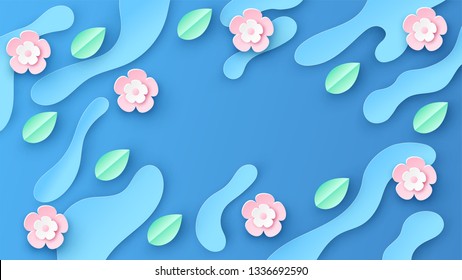 Paper art of spring background with flowers, leaf, water droplet and place for text space. paper cut and craft style. vector, illustration.