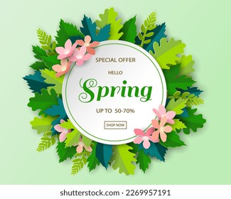 Paper art spring banner on white circle frame with pink flowers and green leaves on pastel background,vector illustration
