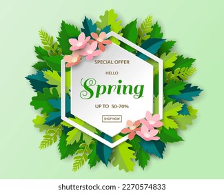 Paper art spring banner on hexagon frame with colorful leaves and beautiful flowers,vector illustration