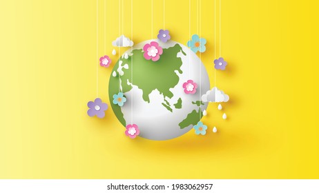 Arte de papel de flor de primavera colgando por todo el mundo. Un globo con flores en primavera. Mundo de primavera. corte de papel y estilo artesanal. vector, ilustración.