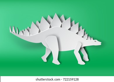 paper art of Stegosaurus dinosour on green background vector