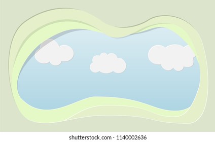 Paper art style of abstract layer frame with clouds blue sky background