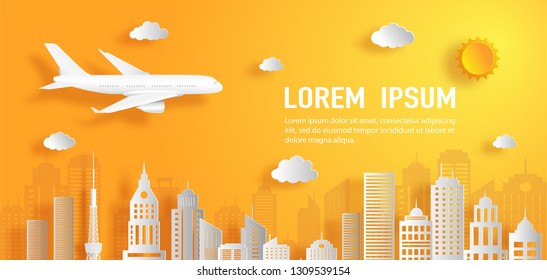 Paper art style of airplane flying above clouds with sunset, cargo transport concept, flat-style vector illustration.