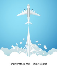 Paper art style of airplane flying to the sky through the clouds, Vector illustration