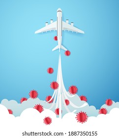Paper art style of airplane flying to the sky through the clouds and red Corona virus cells, Vector illustration