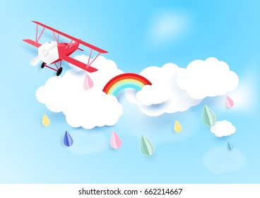 Paper art style airplane flying on sky with cloud and rainy background