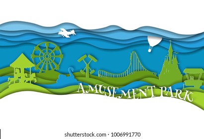 Paper art style amusement park with carousel with horses, castle, kids train, air plane, air balloon, carnival mask, hummer, roller coaster, ferris wheel, circus, flags. Summer city landscape. Vector.