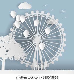 Paper art style an amusement park with a family, a Ferris wheel and balloons paper cut style.