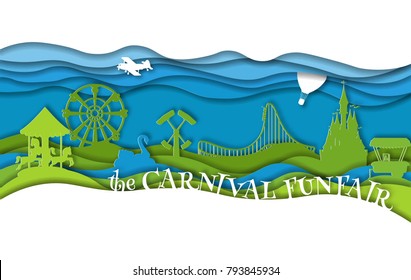 Paper art style amusement park with carousel with horses, castle, air plane, air balloon,  hummer ride, roller coaster, ferris wheel, cafe cart, swan. Summer city landscape. Vector illustration.