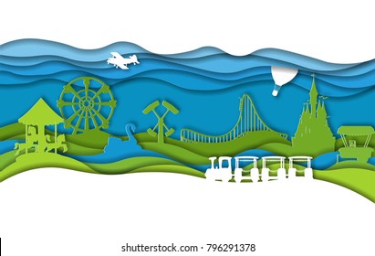 Paper art style amusement park with carousel with horses, castle, kids train, air plane, air balloon,  hummer, roller coaster, ferris wheel, cafe car, inflatable swan. Summer city landscape. Vector.