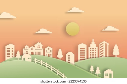 Paper art style for architectural building and cityscape background, Vector illustration modern background.