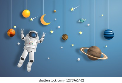 Paper art style of astronaut in outer space on mission, showing victory hand sign, flat-style vector illustration.