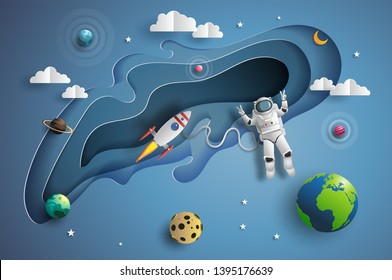 Paper art style of astronaut in outer space on mission, showing victory hand sign, flat-style vector illustration.