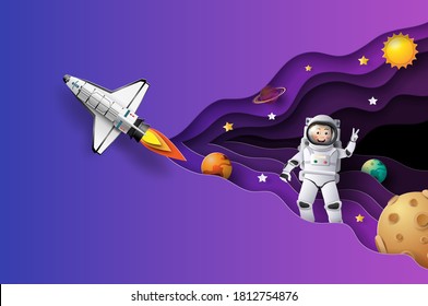 Paper art style of astronaut with space shuttle in outer space on mission, showing victory hand sign, flat-style vector illustration.