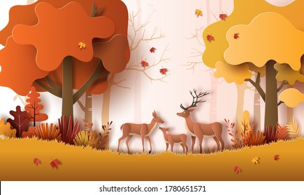 Paper art style of autumn landscape with deer family in a forest, many beautiful trees and leaves.