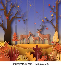 Paper art style of autumn landscape at night with deer family in a forest, many beautiful trees and leaves.