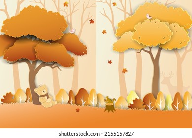 Paper art style of autumn landscape with cute bear on sweet dream,animals wildlife with colorful tree and leaves on autumn forest,vector illustration