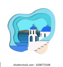 Paper Art Style Background. Santorini View. Vector Illustration.