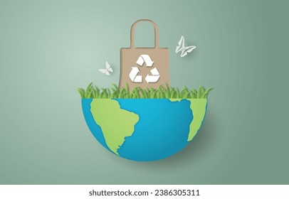 Estilo de papel de la bolsa de papel con símbolo de reciclado en la tierra, salvar el planeta y reciclar para el concepto de medio ambiente.