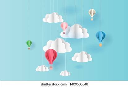 paper art style of balloons colorful color floating in air blue sky background.Creative design space for Christmas day,Festival,holiday,summer season,springtime.Good idea Pastel color.vector EPS10 