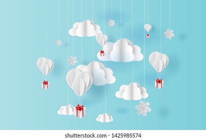 paper art style of balloons colorful color floating in air blue sky background.Creative design space for Christmas day,Festival,holiday,summer season,springtime.idea snow Pastel color.vector EPS10