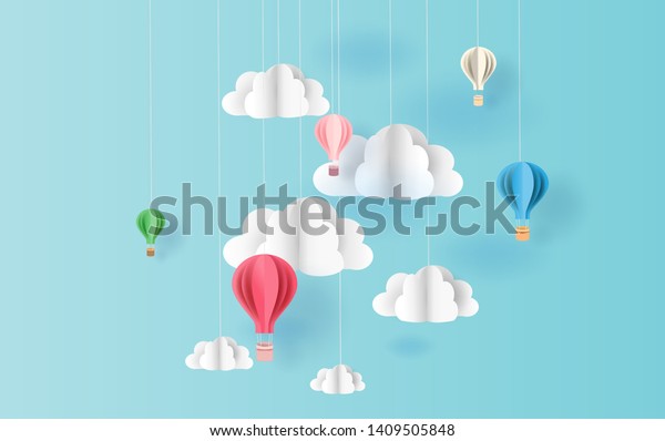 paper art style of balloons colorful\
color floating in air blue sky background.Creative design space for\
Christmas day,Festival,holiday,summer season,springtime.Good idea\
Pastel color.vector EPS10\
