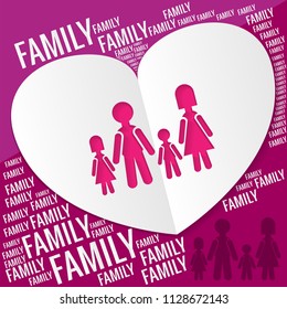 Paper art style of big white heart include human shape inside, the multiple words of "family", fill with Pink and Purple background, origami. Template for Valentine's Day vector illustration.