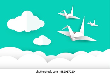  paper art style, birds in the sky 