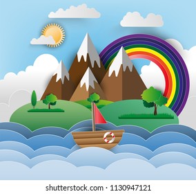 Paper art style of boat in the ocean,,flat-style vector illustration.