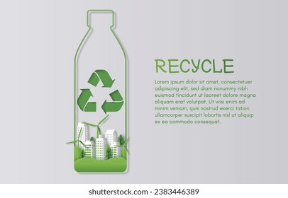 Paper art style of a bottle of water with recycling symbol, buildings, trees, and windmills inside, recycling concept.