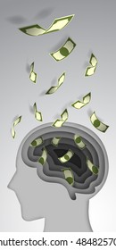 Paper art style brain layer cut with banknote flow vector illustration