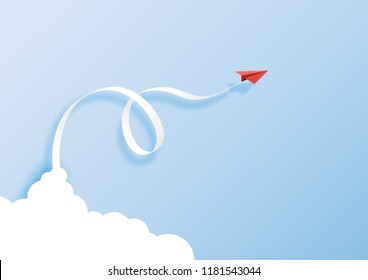 Paper art style of business leadership concept with red paper airplane flying from cloud on blue sky background.Vector illustration.