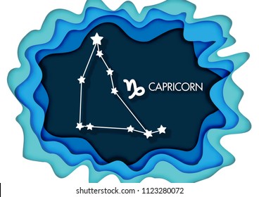 Paper art style, capricorn, horoscope star sign on modern paper cut abstract background. vector and illustration