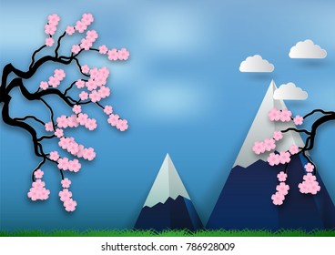 Paper art style of Cherry blossom on blue background. vector illustration, valentine's day concept