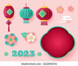 Paper art style Chinese new year design element set isolated on light pink background. Including lanterns, flowers, flower shape window, and 2023 font.