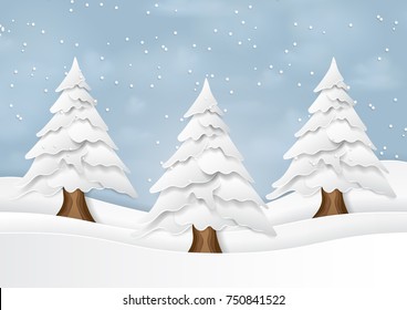 Paper art style of christmas tree on snow and winter season with nature landscape for merry christmas and happy new year.Vector illustration.