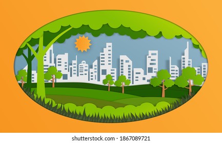 Paper art style of city landscape with forest and sun. Green city concept.