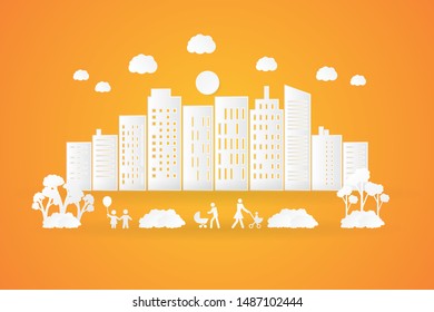 Paper art style of cityscape.Silhouette white on orange sunset background.Vector illustration.Eps10