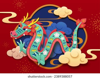 Tarjeta CNY con estilo de arte de papel. Dragón con motivos florales rodeado de nubes sobre fondo rojo.