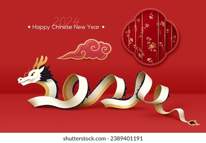 Paper art style CNY elements isolated on red background. 2024 ribbon dragon, and festive decors.