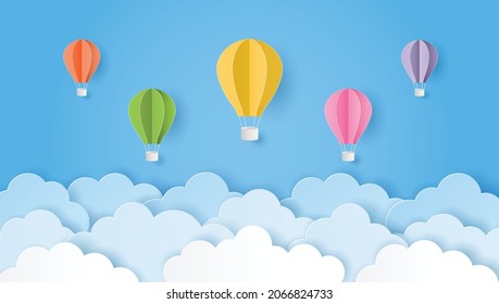 Paper art style of colorful hot air balloons and cloud on blue sky. Vector illustration