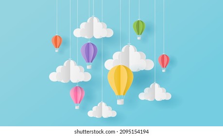 Arte de papel estilo de globos de aire caliente coloridos y nube en cielo azul. Ilustración del vector