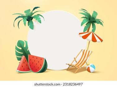 Paper art style copy space white round board surrounded by beach object decor. Composition of sliced watermelons, tropical leaf, palm trees, parasol, beach chair and ball.