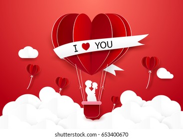 Paper art style Couple standing in Hot air balloons flying over cloud. Love concept and Valentines day background