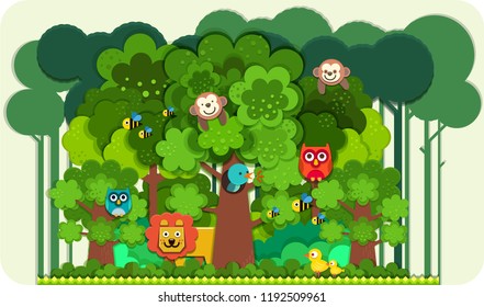Paper art style of cute cartoon wild animals in forest , Paper cut cartoon polygonal trendy craft style, Modern origami teaching Vector illustration