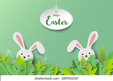 Paper art style with cute rabbit and leaves on green background,for Easter holiday,invitation,greeting card or poster,vector illustration