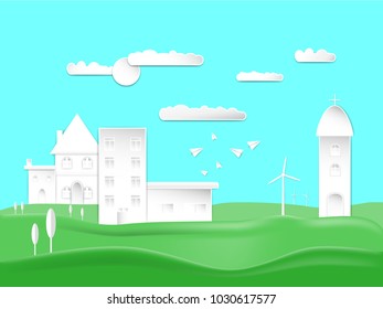 paper art style design city town and house countryside on Green lawn with carton airplains sun in sky cloud background. concept vector illustration