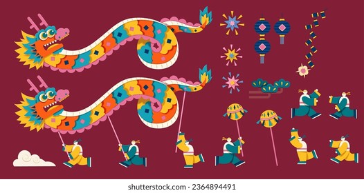 Paper art style dragon dance element set isolated on burgundy red background. Including dragon, dragon dance costume, performers, lanterns, fireworks, firecrackers, cloud and pine leaves bush.