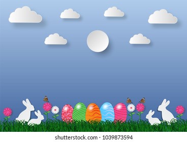 Paper art style easter holiday background with eggs on green grass and white rabbit , vector illustration