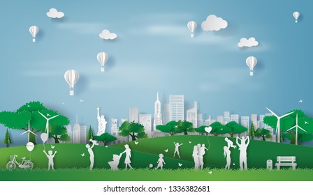 Paper Art Style Of Eco Landscape In The New York City America With Happy Family Having Fun,People Big Family Enjoy Fresh Air In Outdoor Park,illustration Idea Design Ecology Paper Cut Concept Vector. 